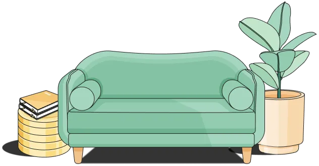 A green couch next to a potted plant.
